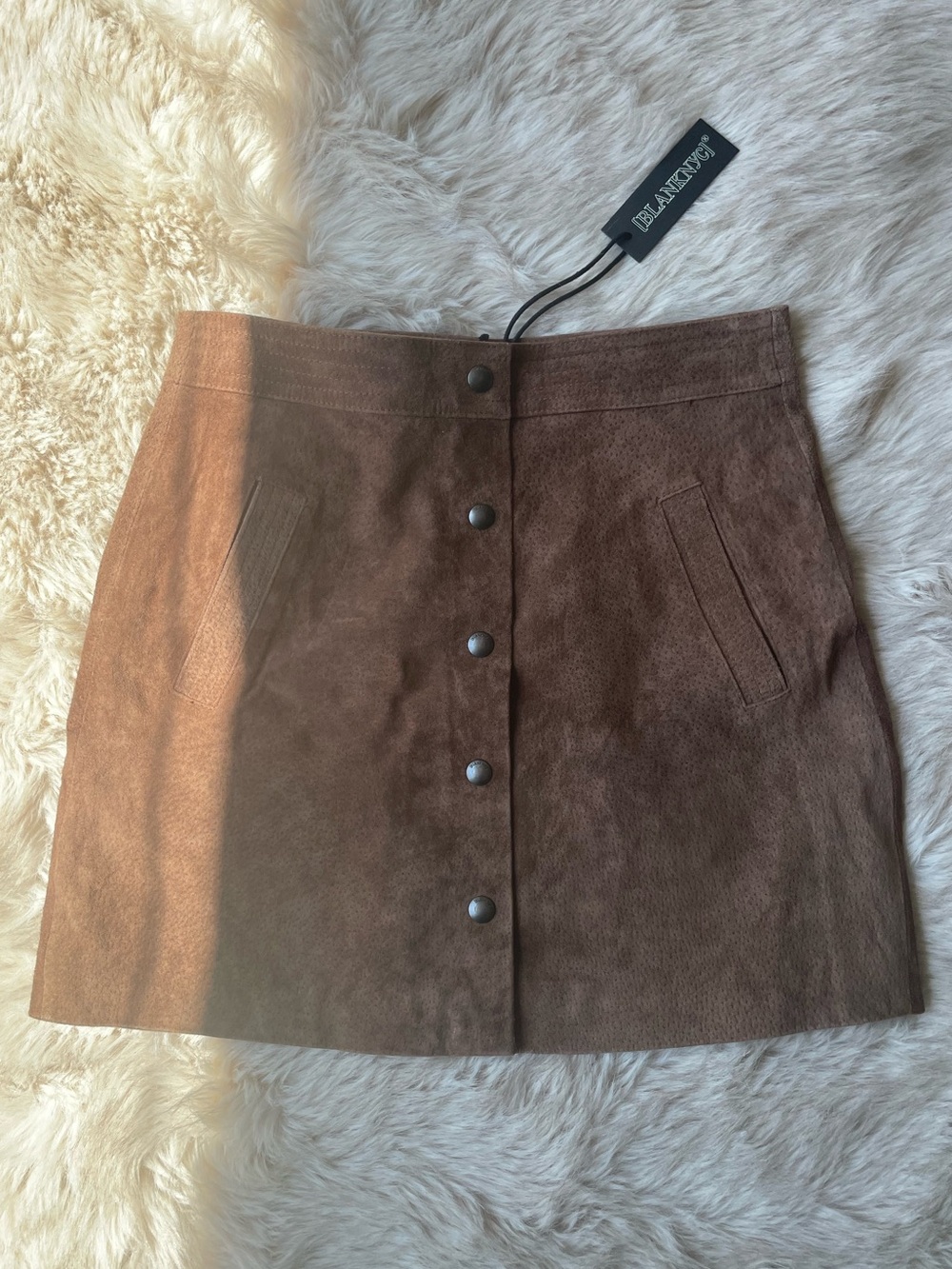 Blank NYC Brown Suede Genuine Leather Button-Front Mini Skirt